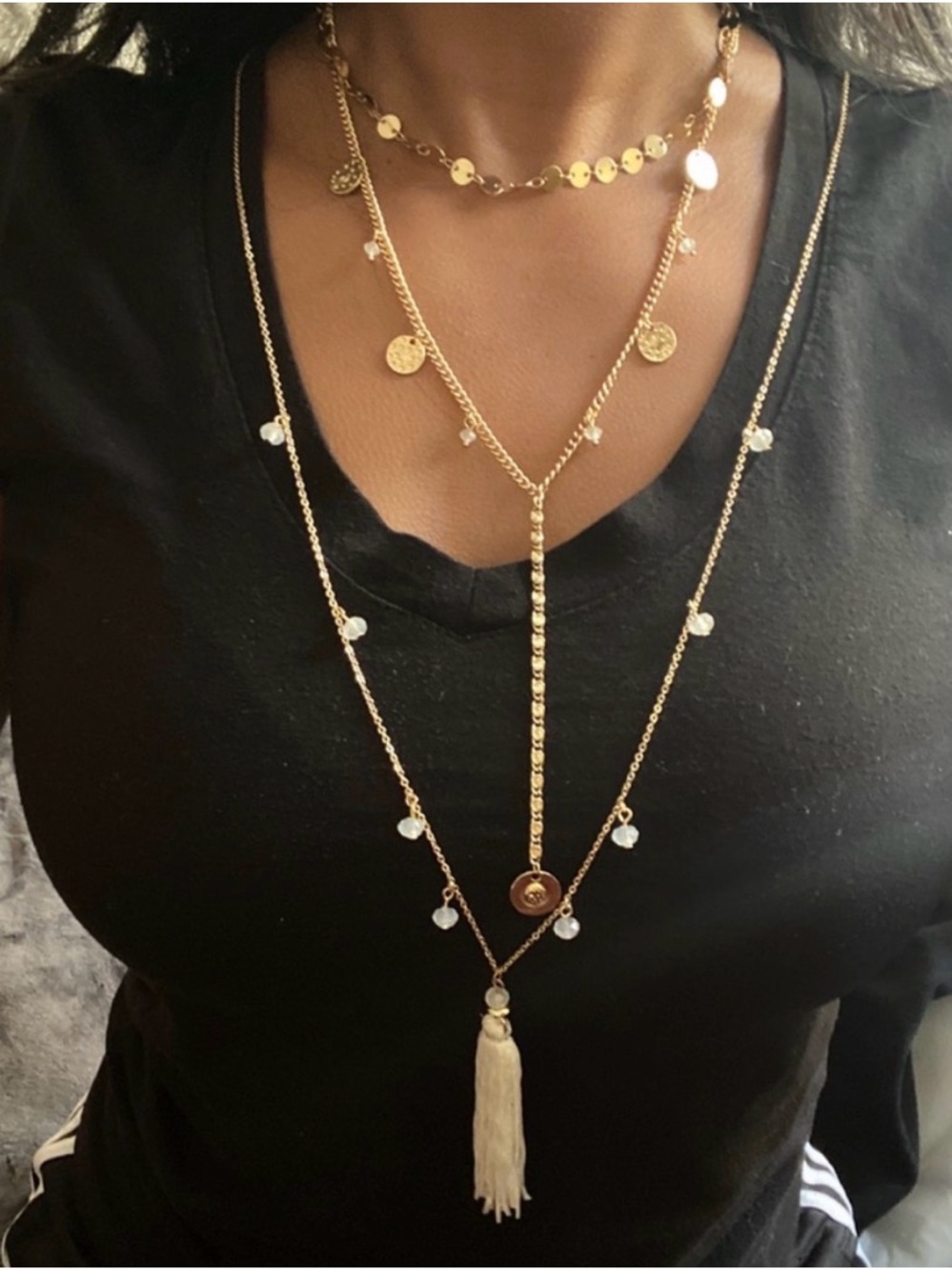 Charlotte Russe‎ Gold Layered Coin Necklace with Cream Tassel